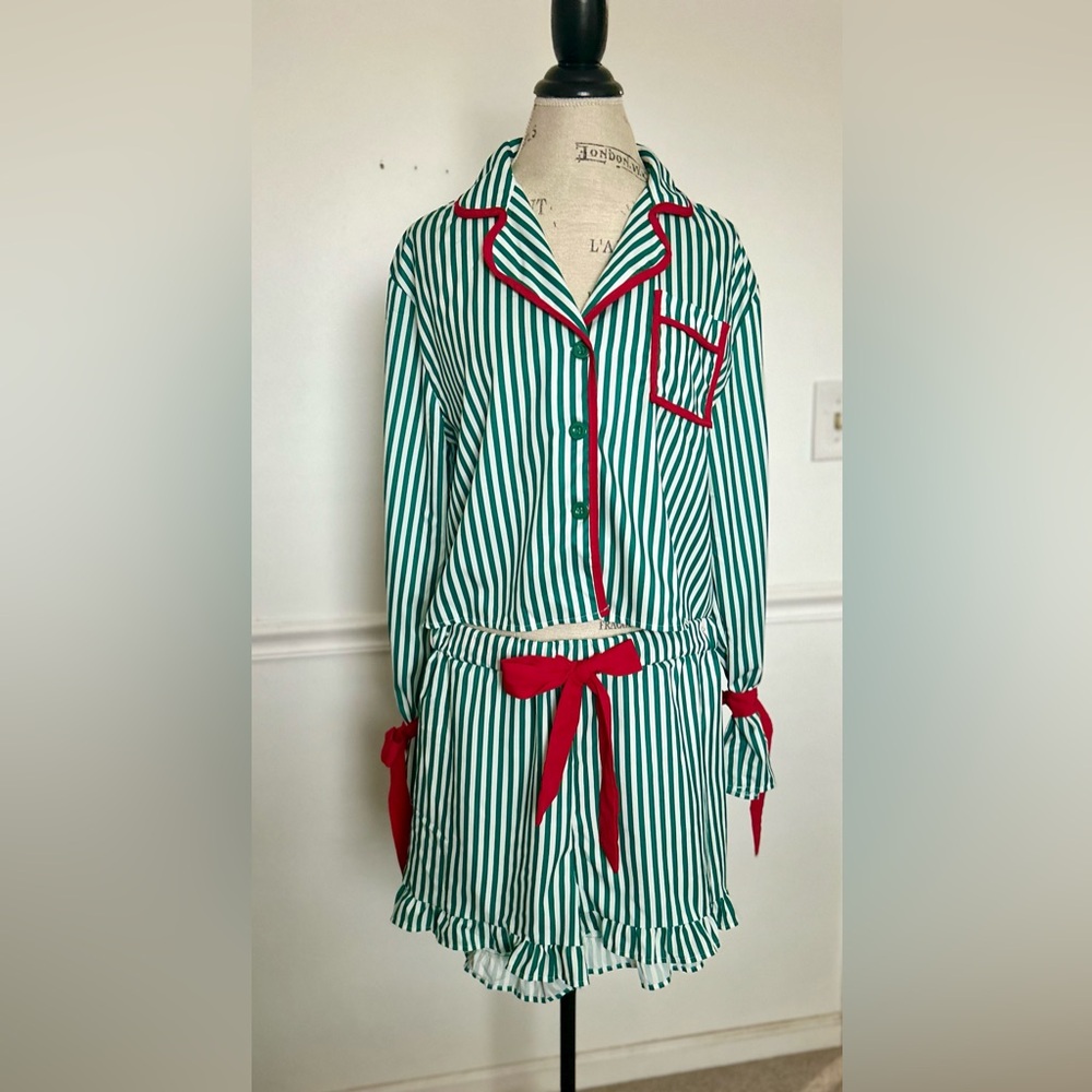 Shein Green & White Stripe Pajama Set with Red Satin Trim
